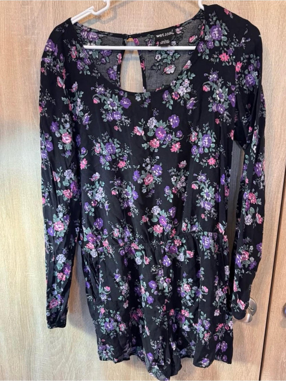 Wet Seal Black Floral Long-Sleeve Tunic Romper - Purple & Pink Flowers